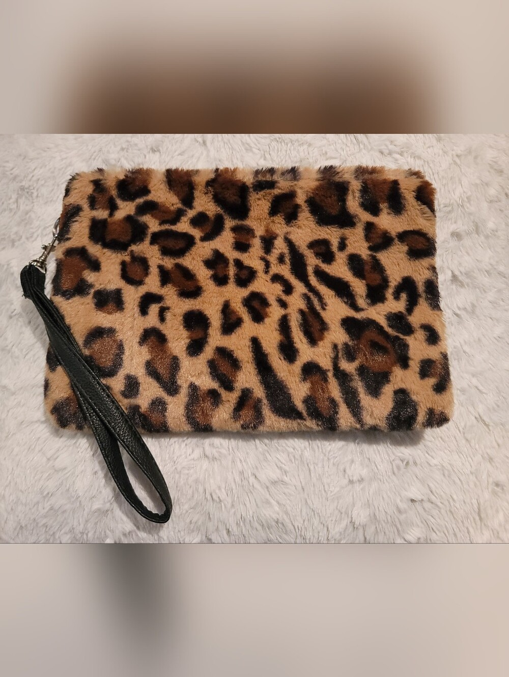 Large Leopard Print Faux Fur Wristlet Clutch, 10x7